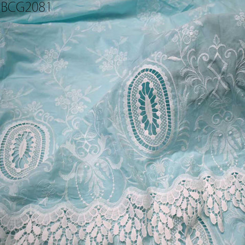 52'' Mint Blue Embroidered Fabric Summer Evening Dresses Crafting Indian Cotton Fabric by the Yard Sewing Skirt Costumes Table Runners Decor