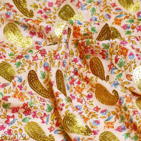 Peach Sequin Embroidery Fabric Indian Saree Embroidered Fabric by the Yard Crafting Sewing Sequined Wedding Dress Costumes Doll Making