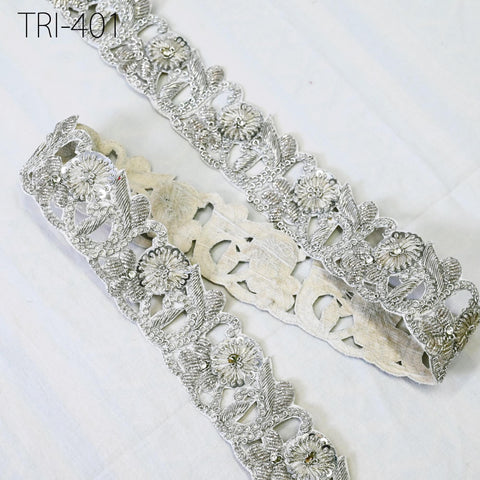 3 Yard Handmade Silver Zardozi Trim Indian Sari Border Wedding Bridal Belt Sash Saree Embroidered Zari Decorative Handcrafted Trimmings