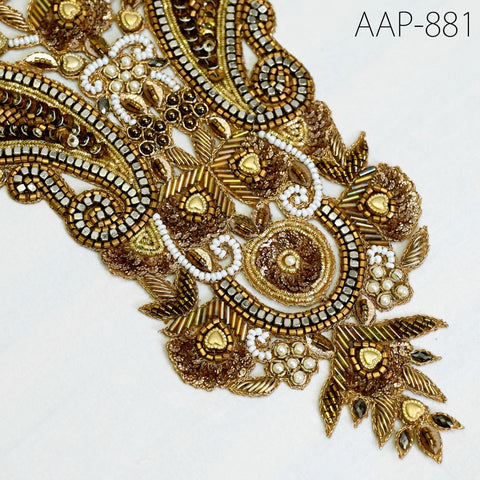 1 Pieces Handmade Decorative Patches Crafting Zardosi Neck 14″ × 10″ Zardosi gold neckline appliqué with intricate bead and sequin detailing.
