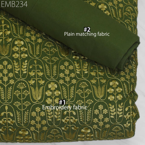 Green Embroidered Cotton Fabric by the Yard Indian Embroidery Sewing Fabric DIY Crafting Wedding Dress Costumes Doll Bag Home Decor Cushions