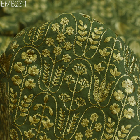 Green Embroidered Cotton Fabric by the Yard Indian Embroidery Sewing Fabric DIY Crafting Wedding Dress Costumes Doll Bag Home Decor Cushions