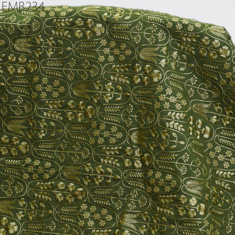 Green Embroidered Cotton Fabric by the Yard Indian Embroidery Sewing Fabric DIY Crafting Wedding Dress Costumes Doll Bag Home Decor Cushions