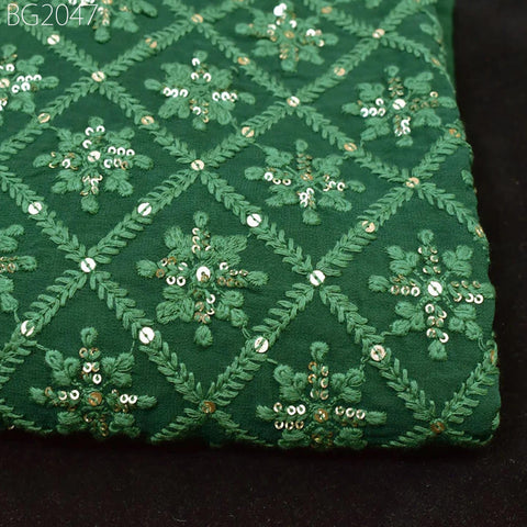 54'' Indian Green Georgette Sequined Embroidered Fabric by the Yard Wedding Dress Sequin Saree Crafting Sewing Costumes Chikankari fabric