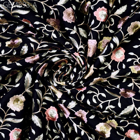 Black Embroidered Fabric by the yard Sewing DIY Crafting Indian Embroidery Wedding Dress Costumes Dolls Cushion Covers Table Runner Blouses