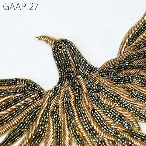 2 Pair Golden Beaded Bird Appliques: Embroidered Indian Patches (6")