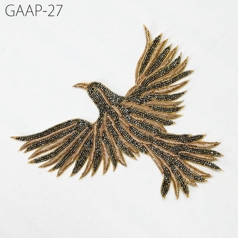 2 Pair Flying Bird 6" Handmade Patches, Embroidered Indian Golden Beaded Patch, Sewing Dresses Appliques, Sew on DIY Crafting Supplies