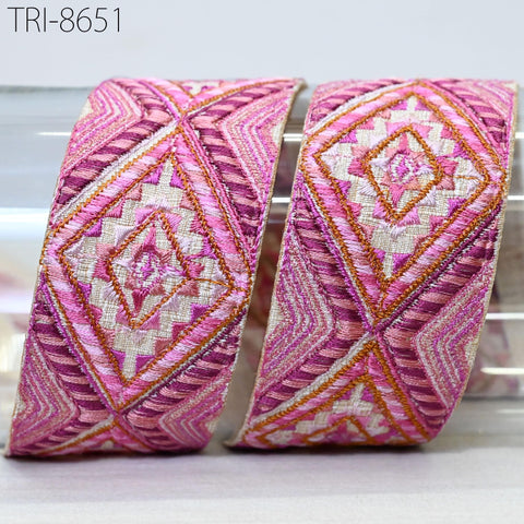 9 Yard Pink Indian Sari 5 CM Border Embellishments Embroidery Trim Embroidered Ribbon Sewing Crafting Curtain Headbands Dog Collar Tote Bag