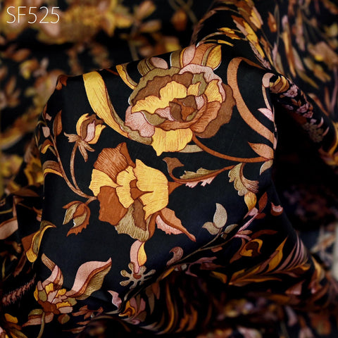 Black Pure Habotai Printed Silk by the Yard Indian Saree Soft Flowy Fabric Wedding Dress Bridesmaid Costumes Crafting Sewing Scarves