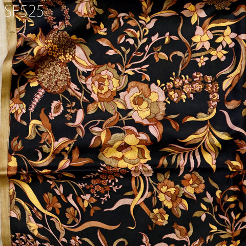 Black Pure Habotai Printed Silk by the Yard Indian Saree Soft Flowy Fabric Wedding Dress Bridesmaid Costumes Crafting Sewing Scarves