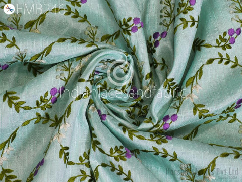 Indian Mint Embroidered Dupioni Fabric by the Yard Sewing DIY Crafting Wedding Dresses Costumes Bags Cushion Covers Table Runners Upholstery