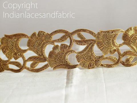 Gold Zari Trim By The Yard, Indian Handcrafted Zardozi 2.5 Inch Saree Border DIY Craft Ribbon Embroidered Sari Lace Handmade Trimming Dress