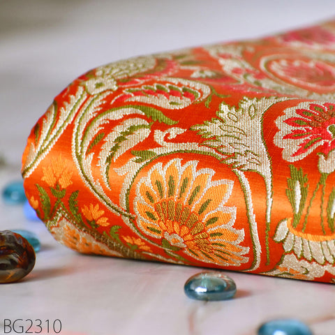 Orange Brocade Fabric by the Yard Banarasi Indian Bridal Wedding Dresses Varanasi Blended Silk DIY Crafting Sewing Costumes Lehenga Drapery
