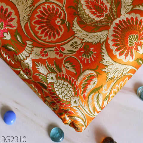 Orange Brocade Fabric by the Yard Banarasi Indian Bridal Wedding Dresses Varanasi Blended Silk DIY Crafting Sewing Costumes Lehenga Drapery
