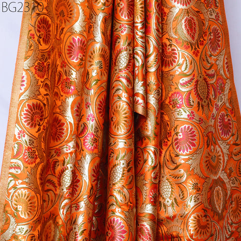 Orange Brocade Fabric by the Yard Banarasi Indian Bridal Wedding Dresses Varanasi Blended Silk DIY Crafting Sewing Costumes Lehenga Drapery