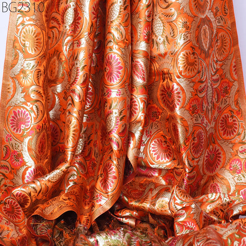 Orange Brocade Fabric by the Yard Banarasi Indian Bridal Wedding Dresses Varanasi Blended Silk DIY Crafting Sewing Costumes Lehenga Drapery