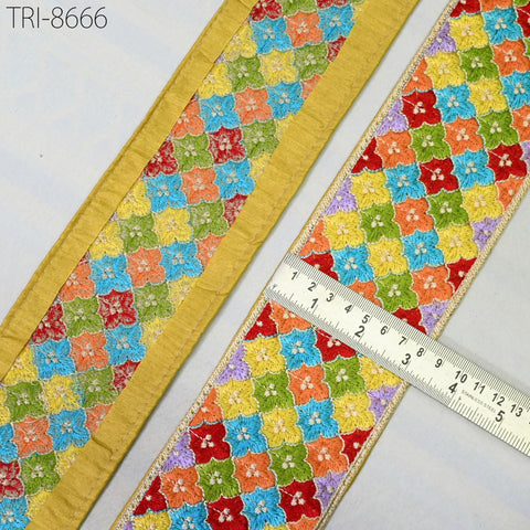 3 Yard Yellow Embroidered 8 Cm Ribbon Embroidery Indian Sari Border Fabric Sewing Crafting Ribbon Table Runners Curtain Decorative Trimming