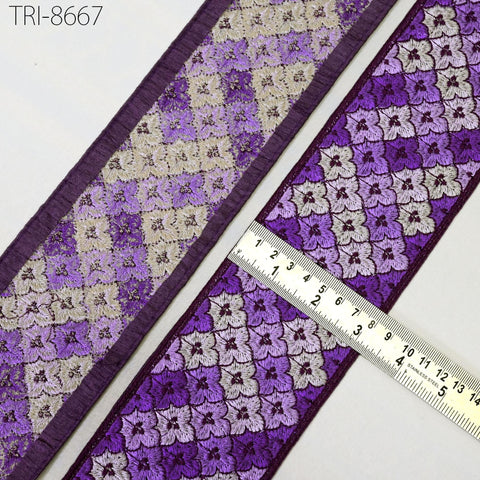 3 Yard Purple Embroidered 8 CM Ribbon Embroidery Indian Sari Fabric Trims Sewing Crafting Ribbon Table Runners Curtain Decorative Trimming