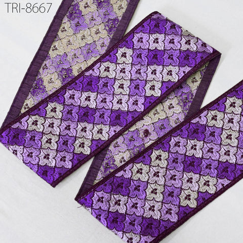 3 Yard Purple Embroidered 8 CM Ribbon Embroidery Indian Sari Fabric Trims Sewing Crafting Ribbon Table Runners Curtain Decorative Trimming