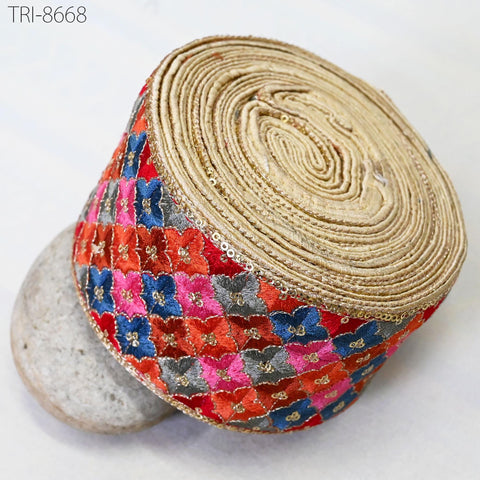 3 Yard Red Magenta Embroidered 8 Cm Ribbons Indian Sari Border Fabric Trims Crafting Ribbon Table Runners Curtains Decorative Trimmings