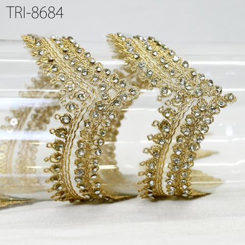 9 Yard Gold Beaded 4 CM Trim Rhinestone Ribbon Kundan Scallop Edge Lehenga Christmas Dresses Embellishments Saree Border Bridal Laces