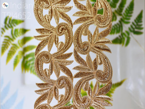 Zardozi Gold Trim by the Yard Handcrafted Embellishment Costume Indian Saree Border Decorative Lehenga Purse Clutches Christmas DIY Crafting