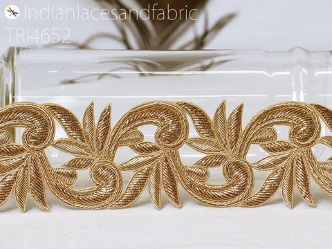 Zardozi Gold Trim by the Yard Handcrafted Embellishment Costume Indian Saree Border Decorative Lehenga Purse Clutches Christmas DIY Crafting