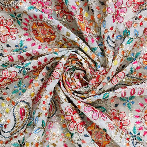 Ivory Embroidered Georgette Fabric by Yard Indian Embroidery Sewing Curtain DIY Crafting Summer Women Dress Material Drapery Home Decor