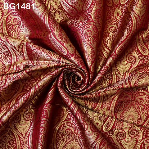 Maroon Brocade Fabric by the Yard Wedding Dress Sewing Crafting Indian Blended Banarasi Silk Curtains Home Décor Bridal Costume Table Runner
