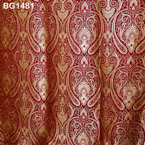Maroon Brocade Fabric by the Yard Wedding Dress Sewing Crafting Indian Blended Banarasi Silk Curtains Home Décor Bridal Costume Table Runner