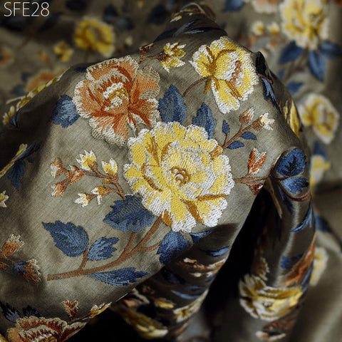 Pure Tussar Silk Embroidered Fabric by the yard Indian Embroidery Raw Silk Wild Natural Handmade Fabric Peace Silk Tussah Dress Material