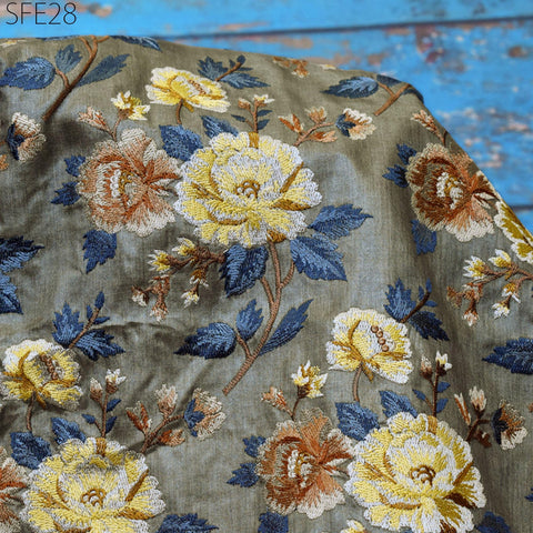 Pure Tussar Silk Embroidered Fabric by the yard Indian Embroidery Raw Silk Wild Natural Handmade Fabric Peace Silk Tussah Dress Material