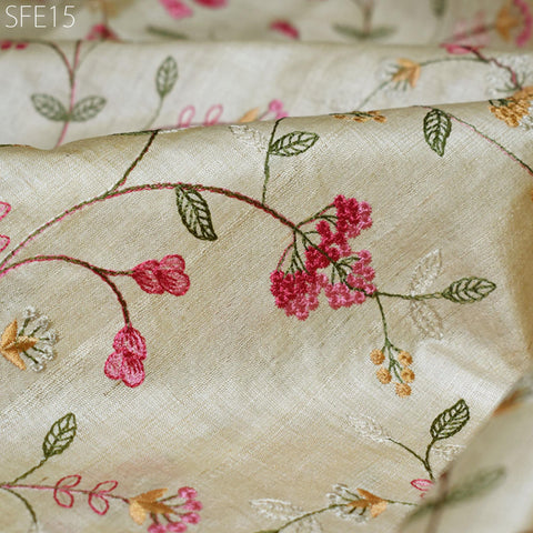 Pure Tussar Silk Embroidered Fabric by the yard Indian Embroidery Raw Silk Wild Natural Handmade Fabric Peace Silk Tussah Dress Material