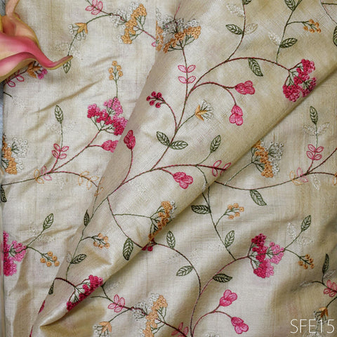 Pure Tussar Silk Embroidered Fabric by the yard Indian Embroidery Raw Silk Wild Natural Handmade Fabric Peace Silk Tussah Dress Material