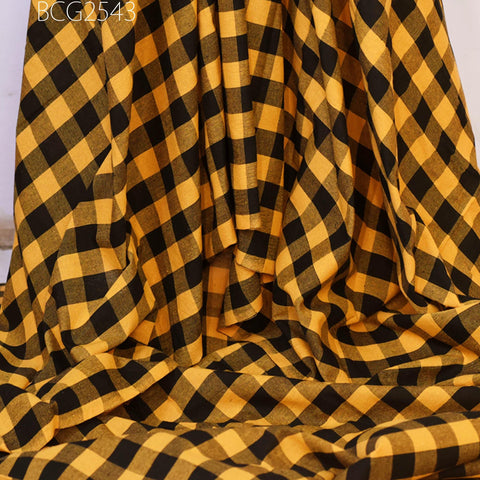 Yellow Check Ikat Cotton Fabric: Indian Handwoven, Soft Medium-Weight (1 Yard)