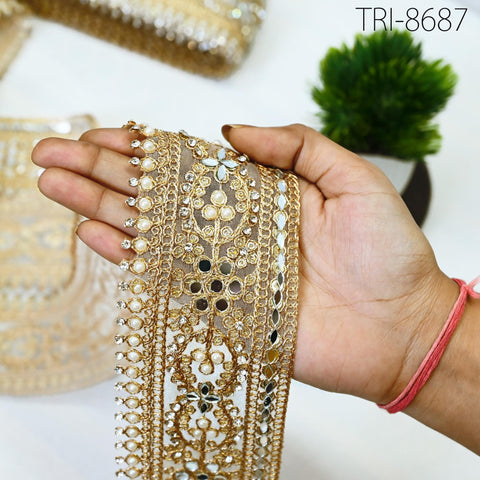 9 Yard Gold Beaded 7cm Trim Rhinestone Ribbon Kundan Scallop Edge Lehenga Trim Christmas Dresses Embellishments Saree Border Bridal Laces