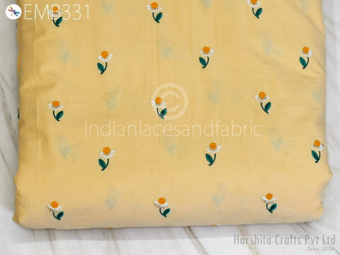 Pale Yellow Embroidered Cotton Fabric by the Yard Indian Embroidery Sewing DIY Crafting Women Summer Dresses Costumes Tote Bag Home Decor