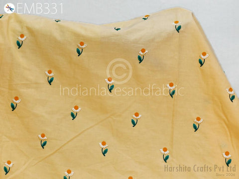 Pale Yellow Embroidered Cotton Fabric by the Yard Indian Embroidery Sewing DIY Crafting Women Summer Dresses Costumes Tote Bag Home Decor