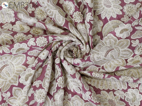Mauve Indian Embroidered Fabric by the Yard Georgette Embroidery Sewing Curtain DIY Crafting Summer Women Dress Material Drapery Home Decor