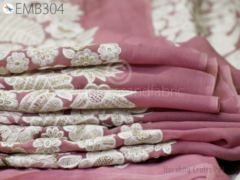 Mauve Indian Embroidered Fabric by the Yard Georgette Embroidery Sewing Curtain DIY Crafting Summer Women Dress Material Drapery Home Decor