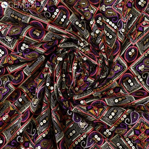 Black Indian Embroidered Flex Cotton Fabric by the Yard Embroidery Summer Dresses Party Costumes Bags Cushions Table Runner Sewing Crafting