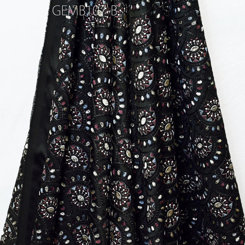 Wedding Dresses Material Indian Black Embroidered Fabric by the yard Sewing DIY Crafting Embroidery Costumes Cushion Covers Table Runners