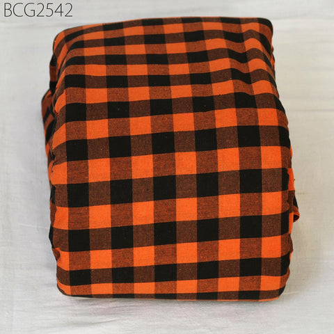 Indian Handwoven Ikat Cotton Fabric: Orange Check Pattern (1 Yard) 140gsm