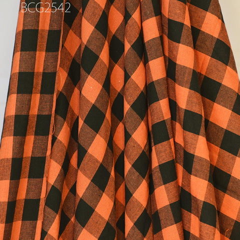 Indian Handwoven Ikat Cotton Fabric: Orange Check Pattern (1 Yard) 140gsm