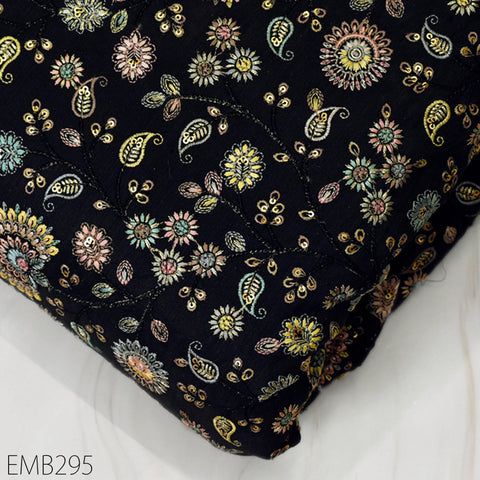 Indian Black Embroidered Dupioni Fabric by the Yard Black Sewing Crafting Wedding Dresses Costumes Bags Cushions Table Runners Upholstery