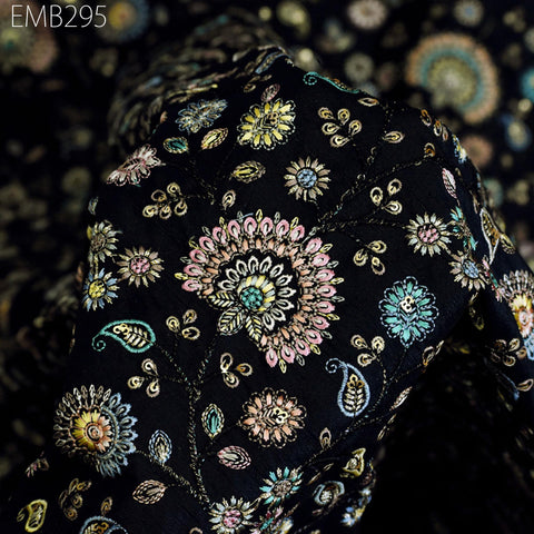 Indian Black Embroidered Dupioni Fabric by the Yard Black Sewing Crafting Wedding Dresses Costumes Bags Cushions Table Runners Upholstery