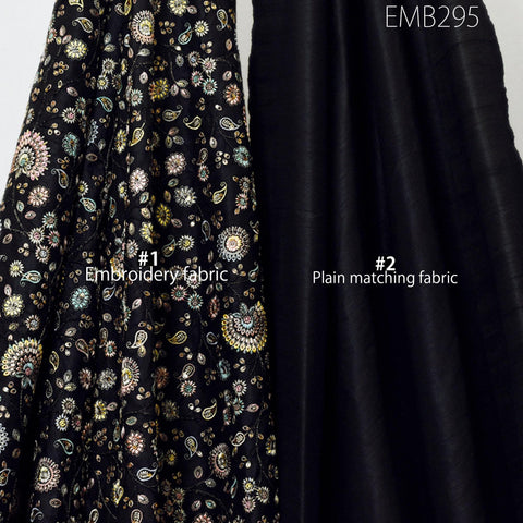 Indian Black Embroidered Dupioni Fabric by the Yard Black Sewing Crafting Wedding Dresses Costumes Bags Cushions Table Runners Upholstery