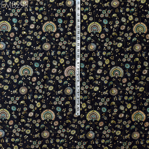 Indian Black Embroidered Dupioni Fabric by the Yard Black Sewing Crafting Wedding Dresses Costumes Bags Cushions Table Runners Upholstery