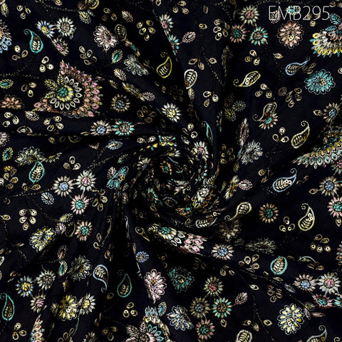 Indian Black Embroidered Dupioni Fabric by the Yard Black Sewing Crafting Wedding Dresses Costumes Bags Cushions Table Runners Upholstery