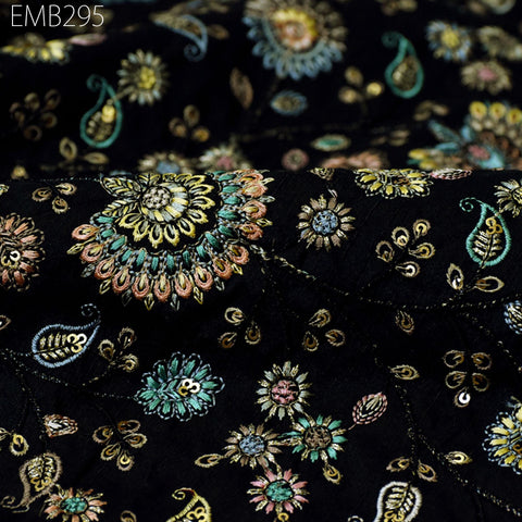 Indian Black Embroidered Dupioni Fabric by the Yard Black Sewing Crafting Wedding Dresses Costumes Bags Cushions Table Runners Upholstery